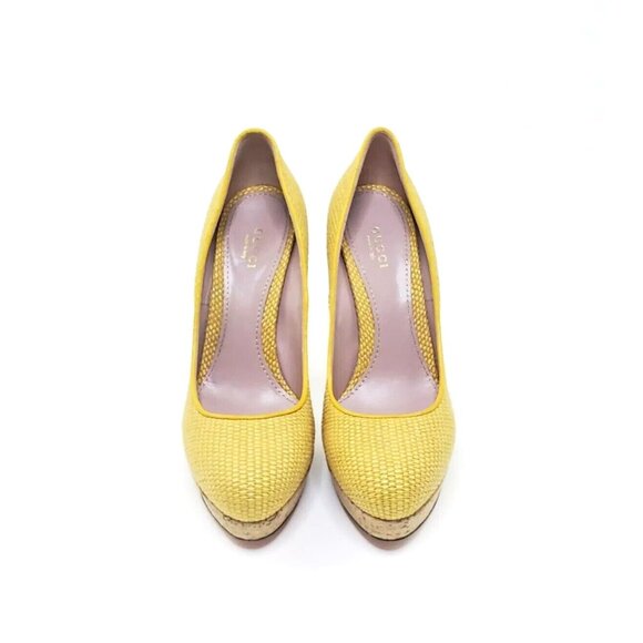 Gucci Bumblebee Woven Cork Platform Pump Stiletto Almond Round Toe Yellow US 7.5 - Picture 4 of 10